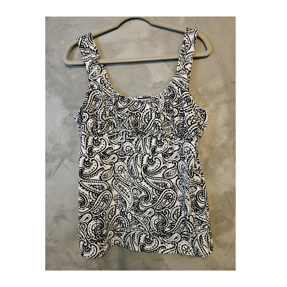 Ann Taylor Black White Paisley Knit Scoop Neck Sleeveless Stretch Tank Top XL